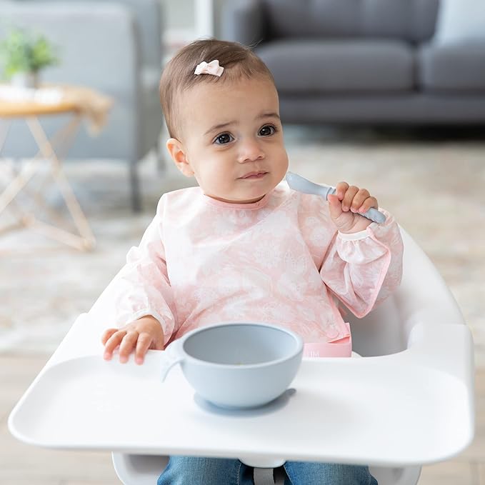 Bumkins Baby Bowl, Silicone Feeding Set with Suction for Baby and Toddler, Includes Spoon and Lid, First Feeding Set, Training Essentials for Baby Led Weaning for Babies 4 Months Up, Gray