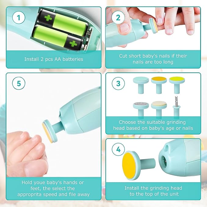 Baby Nail Electric Trimmer, Trim Polish Grooming Kit with 6 Grinding Head and LED Light, Safe Nail Clippers Nail File Kit for New Born Infant Toddler or Adults Toes and Fingernails (Green)