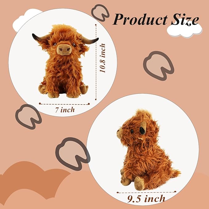 Highland Cow Stuffed Animals,Cute Fluffy Stuff Cow Plush Realistic Scottish Cattle Animals Toys Birthday Festival Presents for Girls Audults Kids Boys Toddler (Brown Cows 10.6 inch)