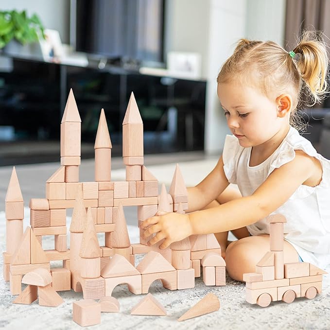 100Pcs Wooden Building Blocks Set- Wood Stacker Stacking Blocks Game Toys for Toddlers, Multiple Shapes