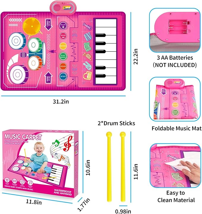 1 2 3 Year Old Girl Birthday Gift Toys, 2 in 1 Musical Toys for Toddlers 1-3 Piano Keyboard & Drum Mat with 2 Drum Sticks Toddler Toys Age 1-2 1 Year 2 Year