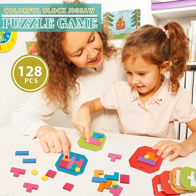 Block Jigsaw Puzzle Games, 128 Pcs Colorful 3D Creative Desktop Wooden Puzzle Game Kids Tangram Math Toys Building Blocks Board, Montessori Puzzle Toys for Kids, Tangram Toy Educational Toys