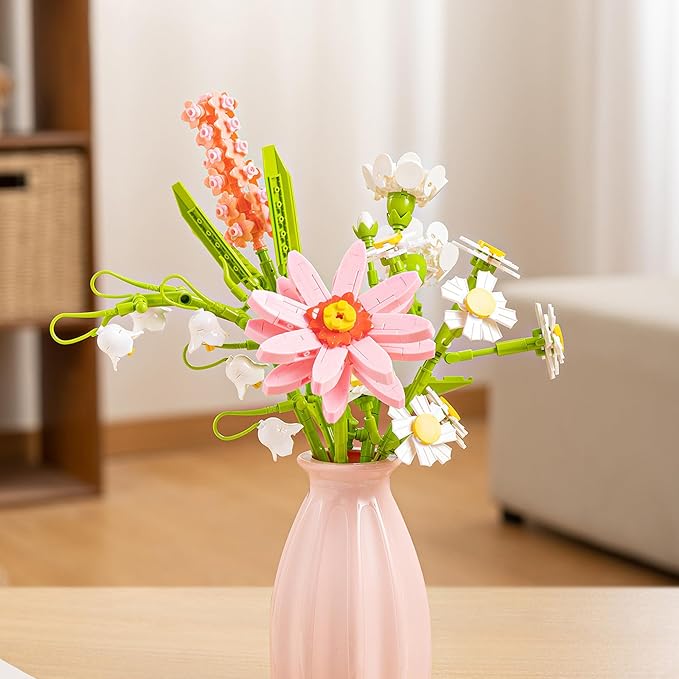 Flower Bouquet Building Blocks Set - Artificial Flowers with Gerbera for Home Decor, Unique Gift for Her or Him for Anniversary Valentine Birthday