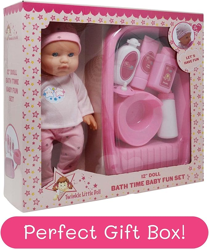 Baby Doll Bath Set with Bathtub & Playtime Accessories – Bath Time Playset for Kids, Girls 12” Doll, 8pc Pink 3+…