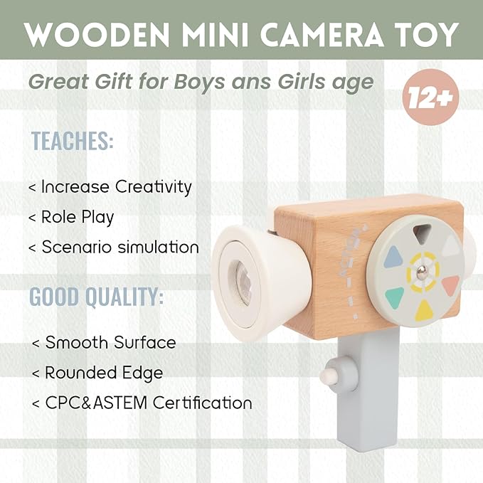 Wooden Mini Pretend Video Camera Toy for Toddlers 1 2 3 Years