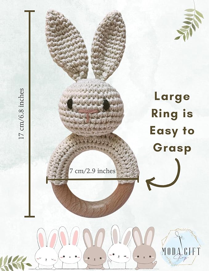 Baby Gift Rattle and Teether Toy Handmade Crochet, Safe and Non-Toxic Beechwood