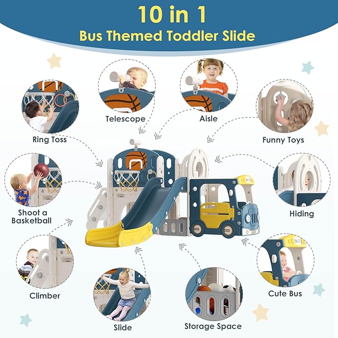 10 in 1 Toddler Slide, Kid Slide for Toddlers Age 1+ with Ring Toss