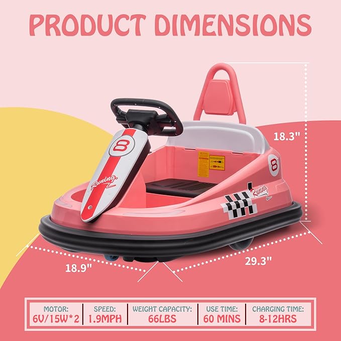 Hetoy Bumper Car for Toddlers, 6V Electric Ride On Toys for Kids 1.9 MPH 360 Degree 2-Speeds, Light, 2-6 Years,