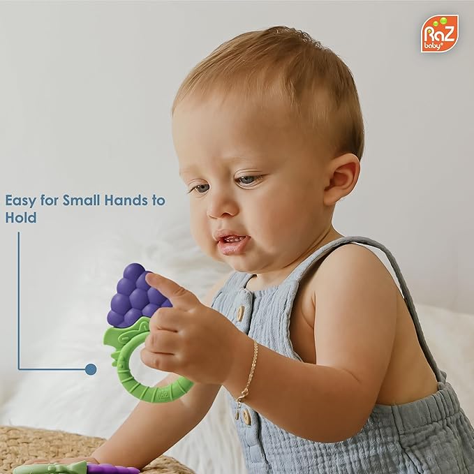 RaZbaby Fruitique Infant & Baby Massager & Teether Toy 3-Pack, Fruit-Shaped Multi-Texture Teethers Soothe Sore Gums 3M+