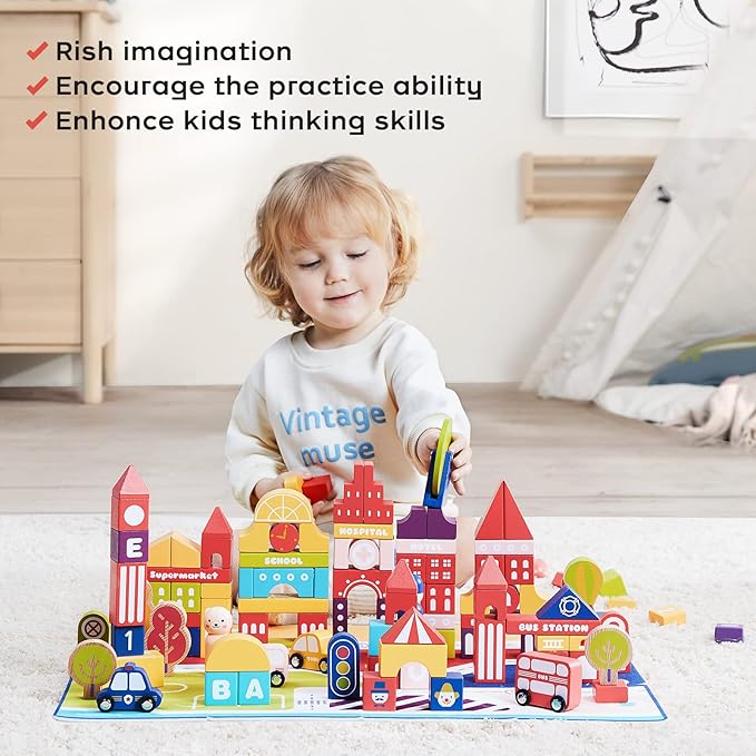 bc babycare 128 Pcs Wooden Building Blocks for Toddlers 1-3, Educational Wooden Toys with Block City