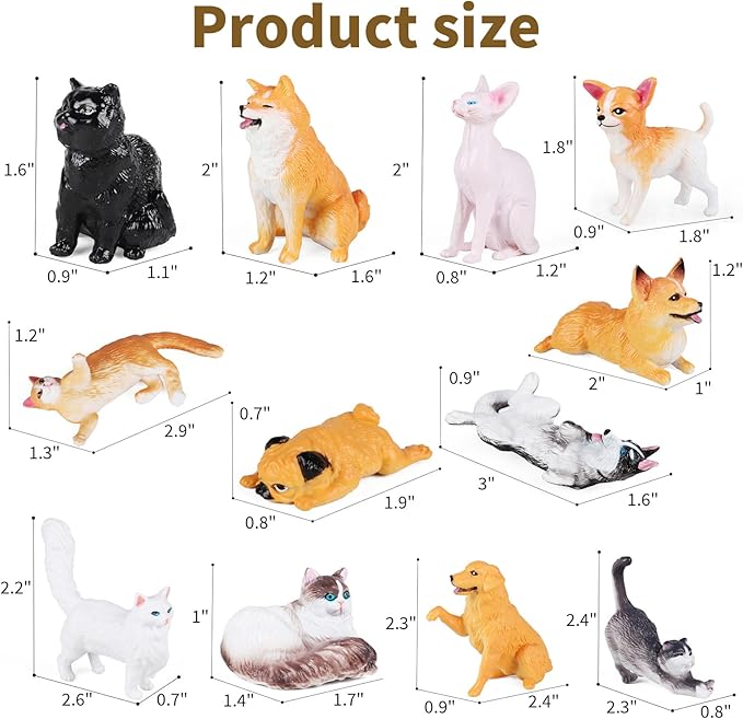 iftnotea 12PCS Small Dog and Cat Figurines for Kids - Puppy Toy Figures with Golden Retriever Husky Colie Pug Shorthair Cat
