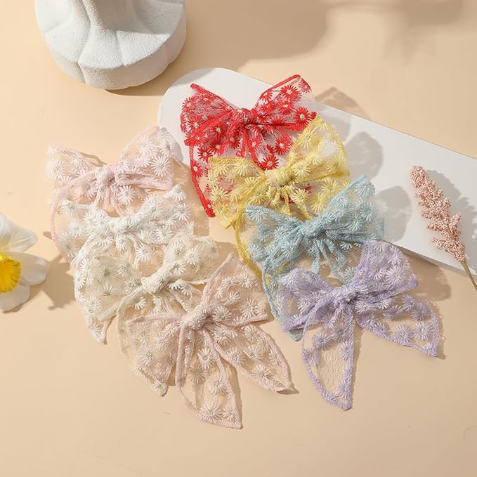 Fable Embroidered Hair Bow clips, Gauze Large Bows Alligator clips 8 PCS