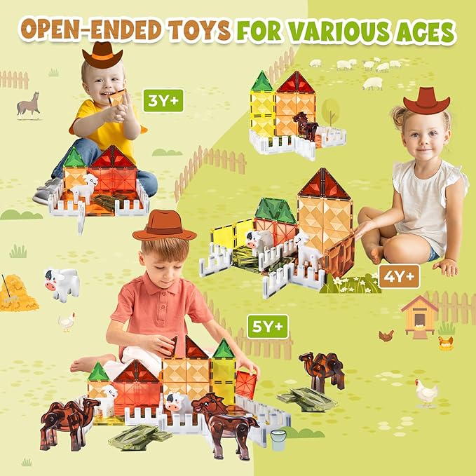 Magnetic Tiles Farm for Toddlers 1-3 Animals, Magnet Tile Set for Kids Ages 3-5 4-8 8-12 Boys Girls, Building Blocks Stem Stack Toys for Travel, Birthday Gift, Preschool