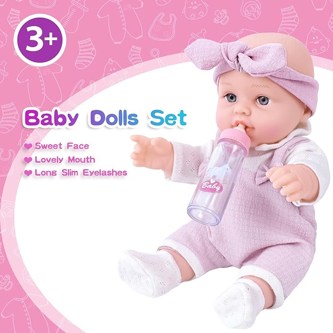 12 Inch Baby Doll Playset with Clothes and Dolls Carrier Accessories Included Baby Carrier, Bottles