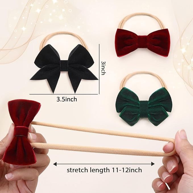 4" Velvet Baby Bows, 3pcs Elastic Nylon Headbands Handmade Newborn