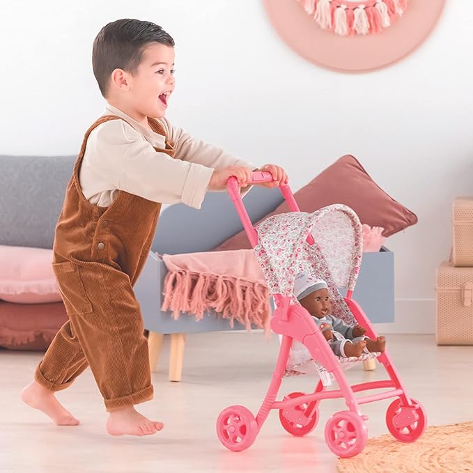 Corolle Baby Doll Stroller with Folding Canopy - Mon Premier Poupon Accessory Fits 12" Dolls, Pink/Floral Pattern 18 Months