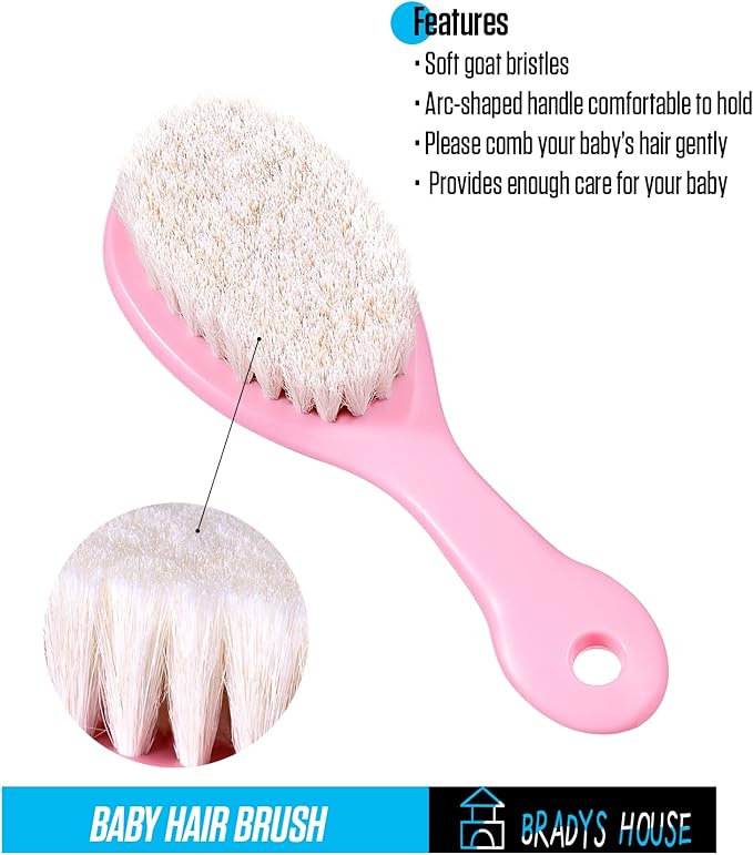 3 Piece Baby Hair Brush and Comb Set for Newborns and Toddlers (Pink)