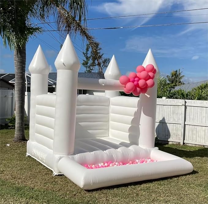 King Inflatable White Bounce House Castle with Ball Pit&Air Blower, White Jumper Bouncy Castle Wedding Decorations Jumping Bed for Party 8' x 10' x 8'