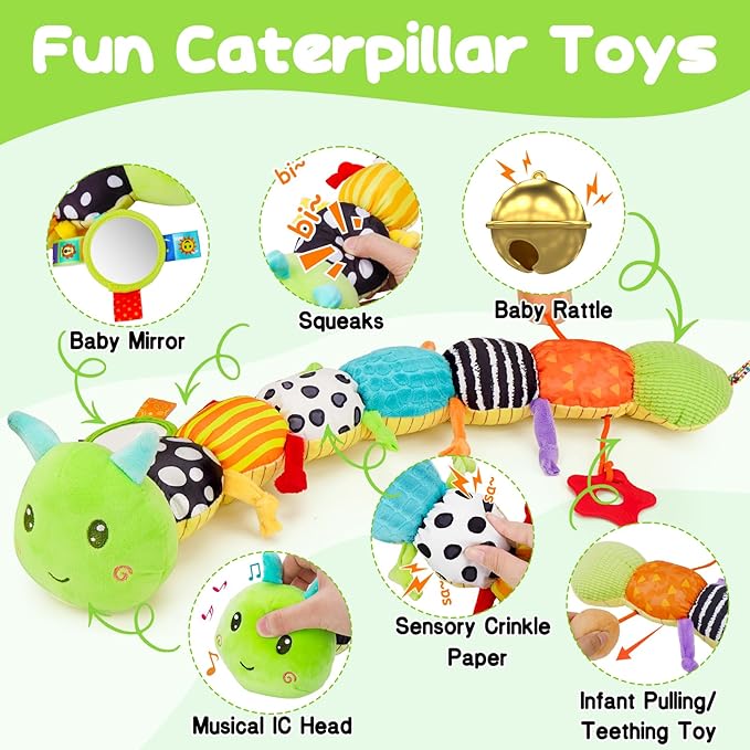 Baby Sensory Toy 0-6 Month Music Animal Stuffed Plush Caterpillar 0-3-6 Month 6-12 Month