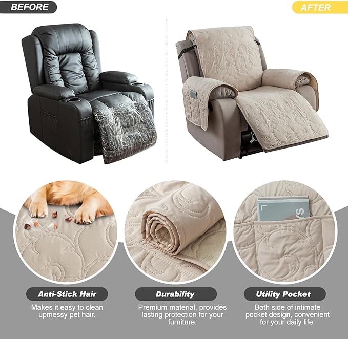 100% Waterproof Recliner Chair Cover, Recliner Chair Covers for Reclining Chair, Non-Slip Fabric Recliner Couch Cover for Living Room, for Pets Kids Protector, Washable (Beige, 28"Recliner Chair)