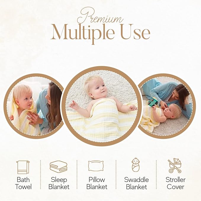 Muslin Baby Bath Towel Set, 2 Large Gauze Super Soft Baby Bath Towel and 3 Washcloths, 6 Layers Muslin Cotton Infant Blanket Suitable for Baby's Delicate Skin (Amsicotion)