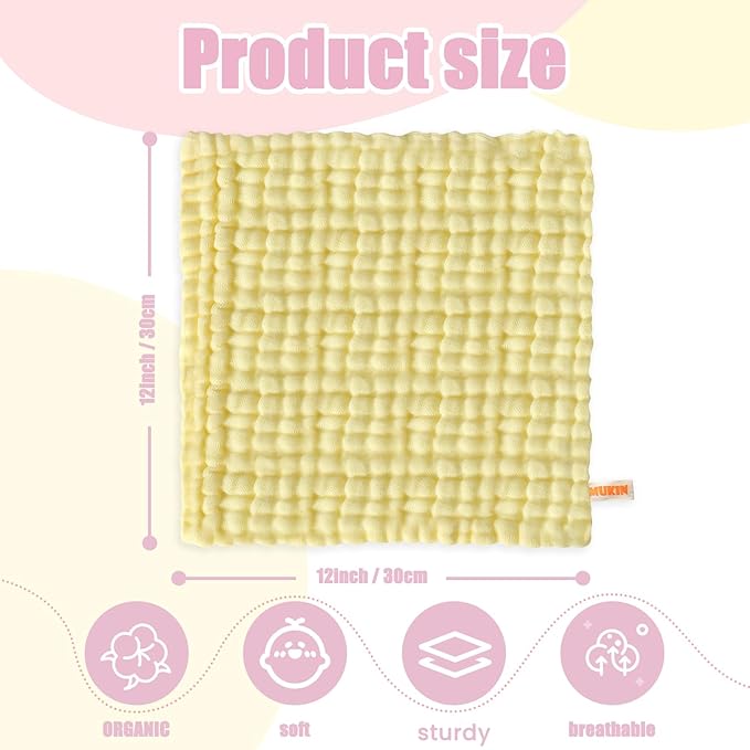 MUKIN Baby Washcloths - Natural Cotton Baby Wipes 5 Pack 12x12 inches