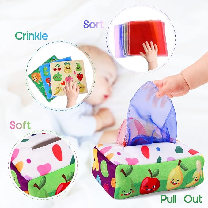 Baby Toys 6 to 12 Months - Tissue Box Toy Montessori for Babies 6-12 Months, Soft Stuffed High Contrast Crinkle Infant Sensory Toys