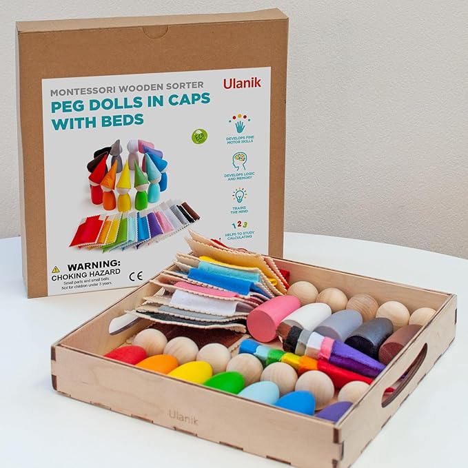 Ulanik Large Peg Dolls with Hats and Beds Toddler Montessori Toys for 3 Year Old + Wooden Waldorf Dolls for Learning Color Sorting and Counting β 12 Gnomes