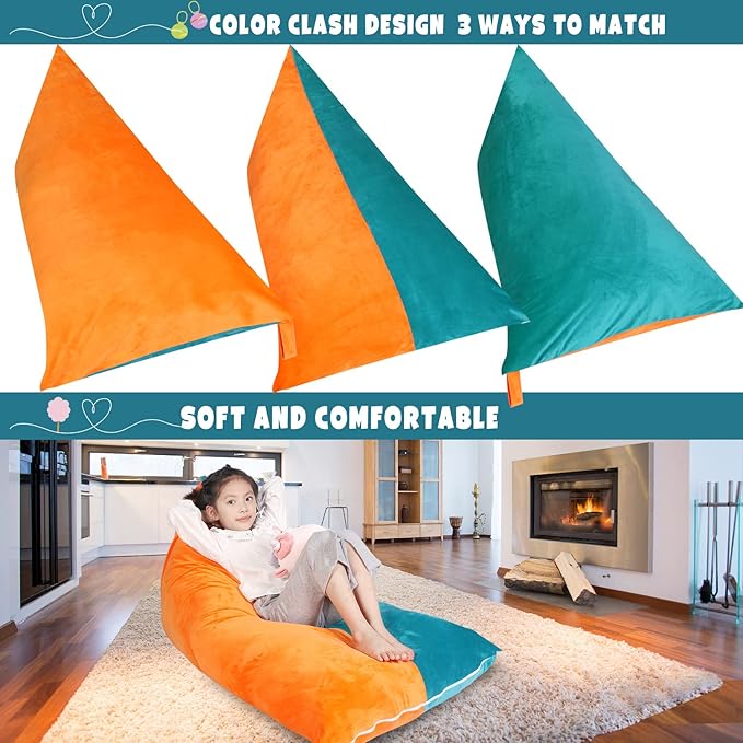 LOLOMLO Stuffed Animal Storage Bean Bag Chair Cover, Velvet Turquoise Orange Plush Toy Storage Stuff and Sit Seat for Kids/Teens/Adults, 52" x 31" Extra Large Triangle Sofa, 200L/52Gal, Cover Only