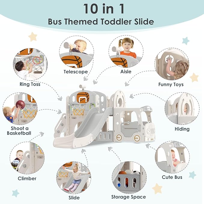 10 in 1 Toddler Slide, Baby Slide for Toddlers Age 1+ with Ring Toss