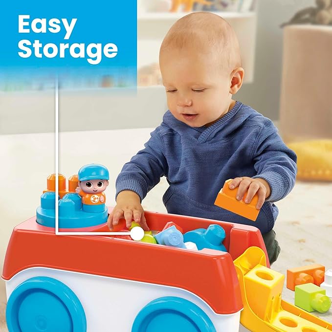 Mega BLOKS First Builders Toddler Building Toy Set, Block Spinning Wagon with 20 Pieces and Storage 1 Figure, 1+ Years