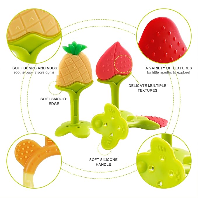 NASHRIO Baby Teething Toys Pack of 6 - Silicone BPA Free Natural Organic Freezer Safe Teethers for Newborn Infant, Soft & Textured