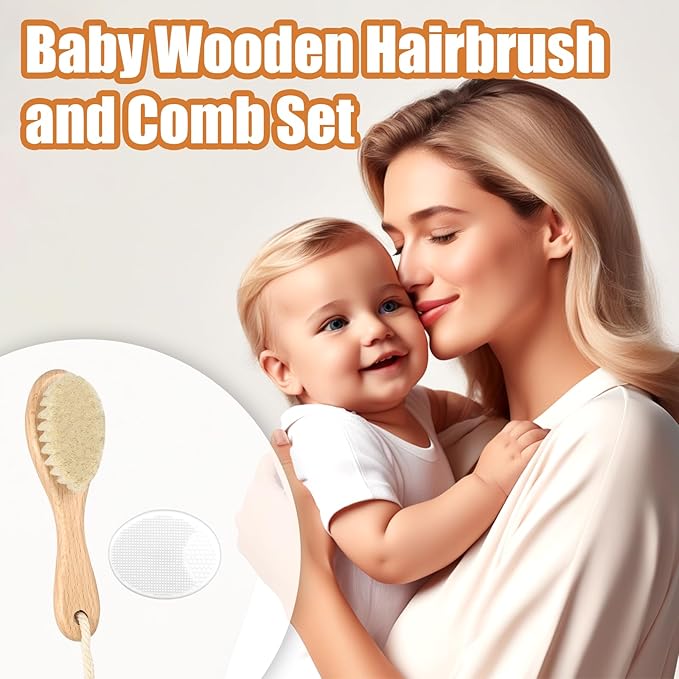 Wooden Soft Goat Bristles Brush with Baby Silicone Hair Scrubber Cradle Cap Brush for Newborn, Toddler, Infant, Baby Hair Care Kit (White)