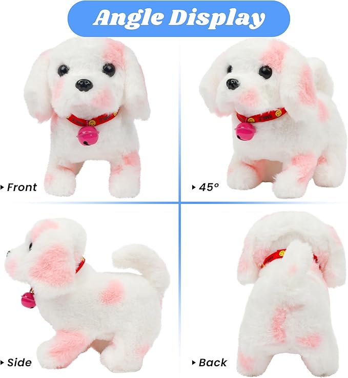 Hopearl Walking Point Dog Interactive Electronic Pet Plush Toy Puppy Woof and Moving Animated Nodding Head Gifts for Toddlers Birthday, Pink 7''