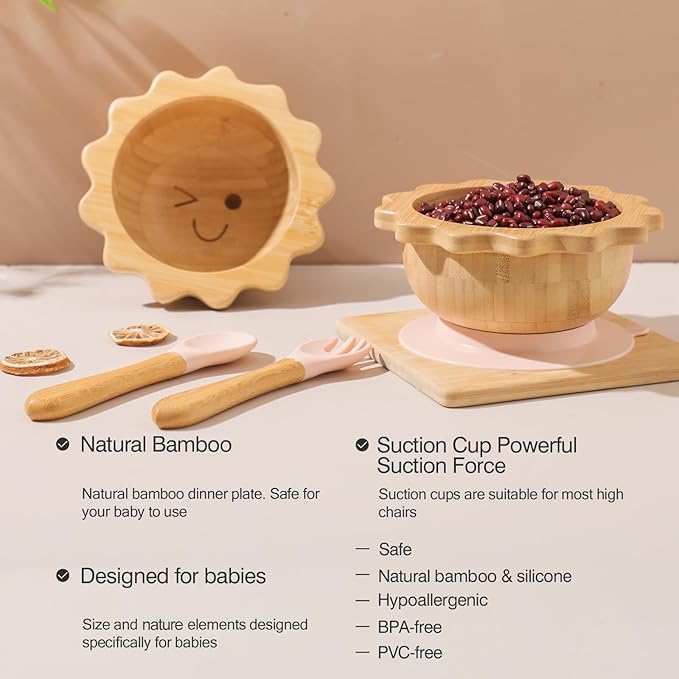 Suction Bowl for Baby Kid Toddler Bamboo Bowl Spoon Fork Set with Removable Silicone Suction All-Natural Baby Feeding Set for Baby-Led Weaning Fits Feeding High Chair Table