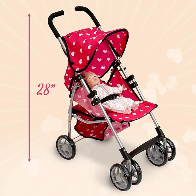 Baby Doll Stroller for Toddler Girls & Big Kids up to 8 Years Old | 28” Baby Stroller for Dolls, Toy Baby Stroller with Cute Pink Hearts Pattern