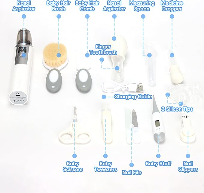 Baby Grooming Kit, Infant Safety Care Set with Baby Nose Aspirator,Baby Hair Brush Comb Nail Clipper Nasal Aspirator,Baby Essentials Kit for Newborn Girls Boys (17 Pc Grey White Kit)