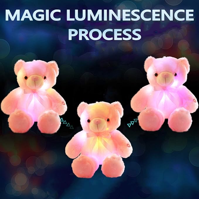 LED Teddy Bears Stuffed Animals, Cute Glow Bear Plush Toys Creative Colorful Luminous Light Up Doll Gifts for Bedroom (Pink,18 inch)
