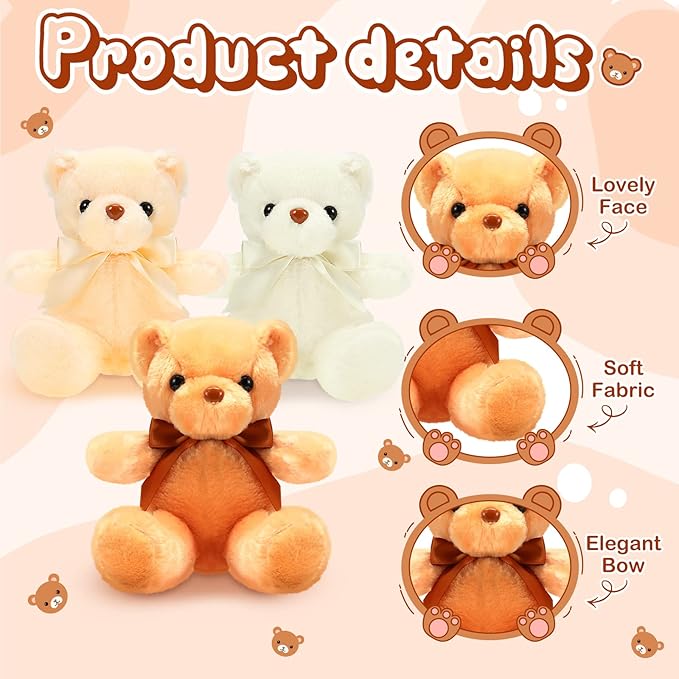 HyDren 6 Pcs Bears Bulk Stuffed Animal Small Bears Baby Shower Bears Plush Toys Employee Appreciation Easter Graduation Gifts(Dark Brown, Brown
