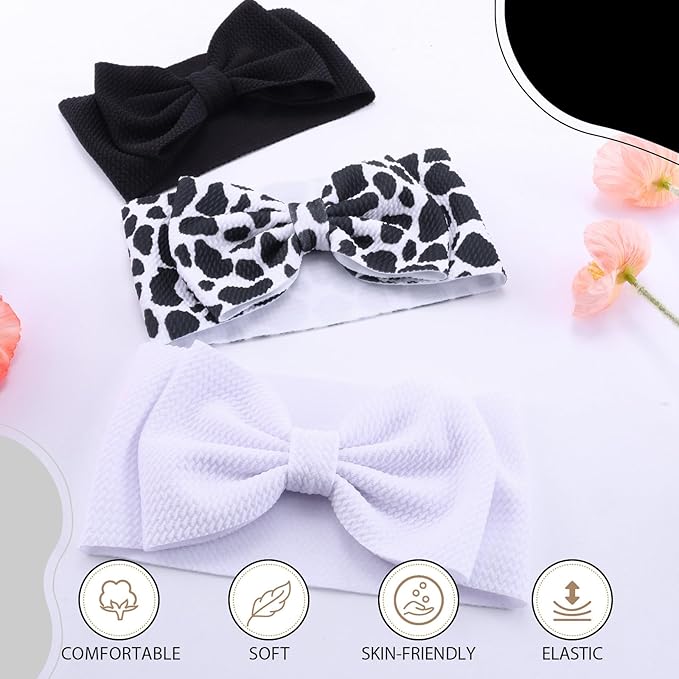 Cow Baby Bows, 3pcs Western Cowgirl Elastic Nylon Headbands for Baby Girls