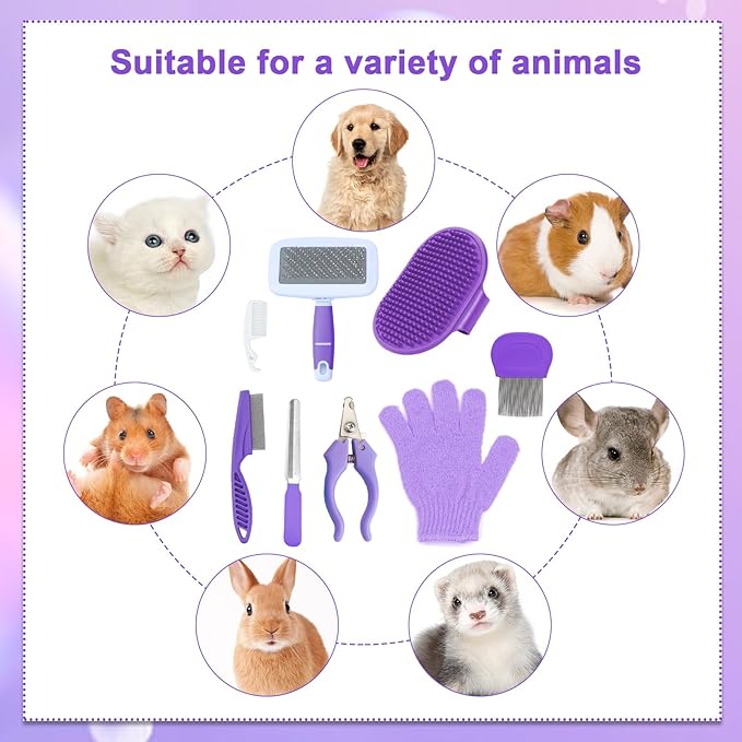 VCZONE 8 Pcs Small Animal Pink Grooming Kit, Rabbit Grooming Kit with Pet Nail Clipper and File, Flea Comb, Pet Shampoo Bath Brush , Pet Shedding Slicker Brush, Bath Massage Glove, Cleaning Comb