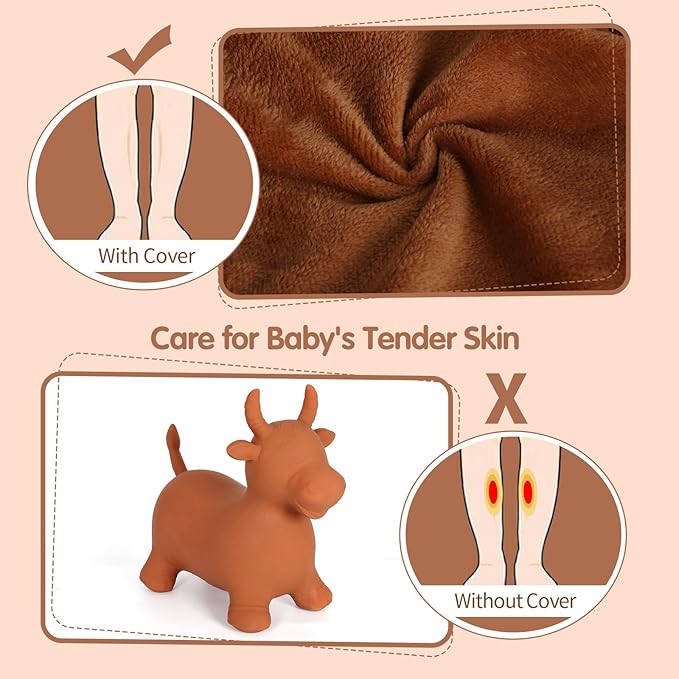 INPANY Bouncy Bull Hopping Toys - Toddler Brown Plush Highland Cow Hopper, Kids Inflatable Farm Animal Hopper Horse 2 3 4 Year