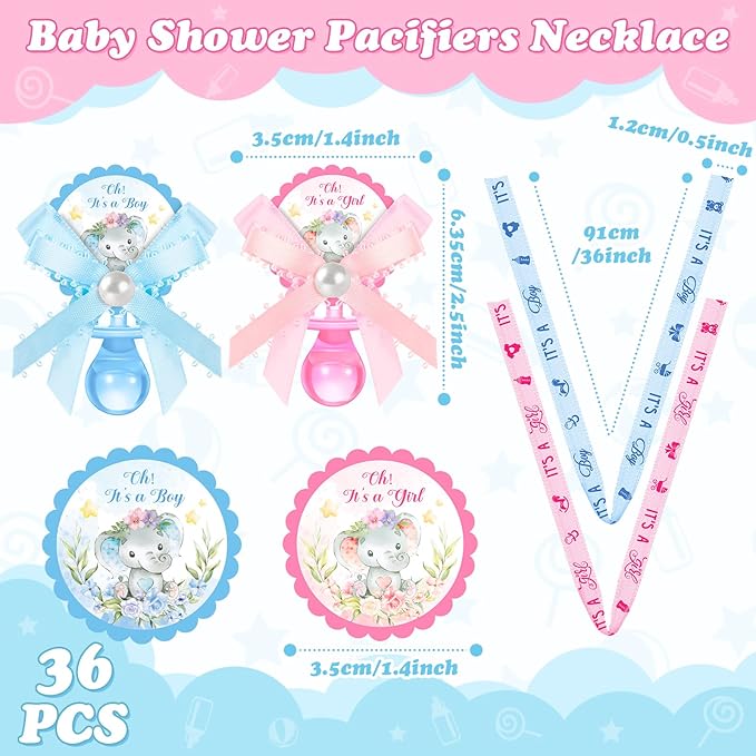 36 Pcs Baby Shower Pacifiers Necklace Girls Boys Elephant Acrylic Gender Reveal Baby Pacifiers for Baby Shower with Tags Decoration for Guests Gender Reveal Party Favors(Blue, Pink