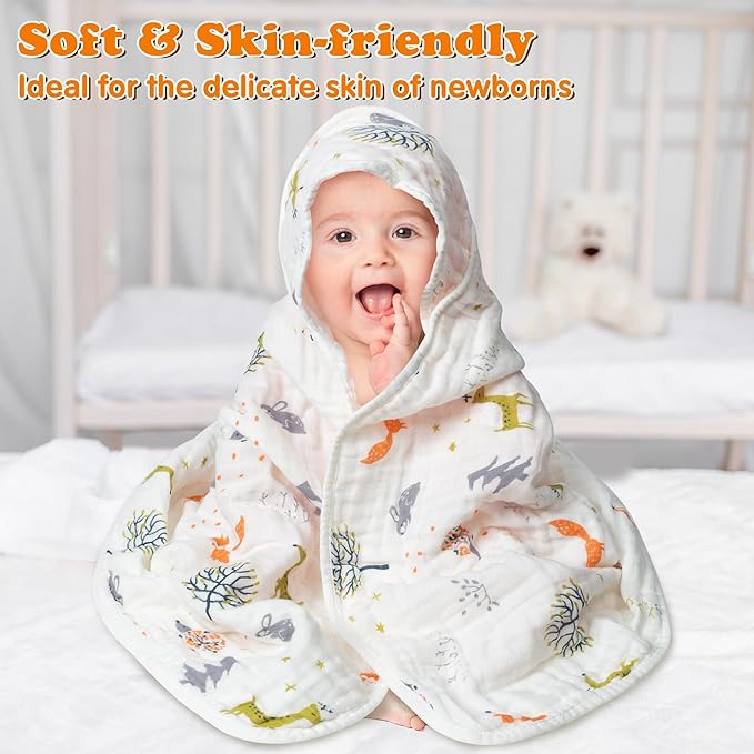 Zainpe 4Pcs Muslin Baby Hooded Towel & Washcloth Set Fox 31.5 x 31.5 in