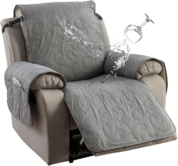 100% Waterproof Recliner Chair Cover, Recliner Chair Covers for Reclining Chair, Non-Slip Fabric Recliner Couch Cover for Living Room, for Pets Kids Protector, Washable (Light Gray, 23"Recliner Chair)