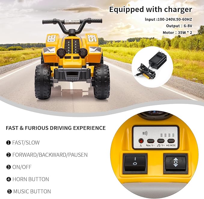 Hetoy 6V Kids Ride On Electric ATV, Ride Car with LED Headlights 1-3 Boys