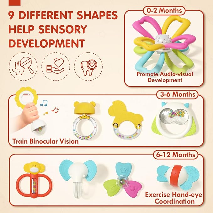 Baby Toys - 9pcs Silicone Baby Teething Toys Teethers Rattles for Babies 0-6 Months, Baby Chew Toys BPA-free 0-3-6-12 Months