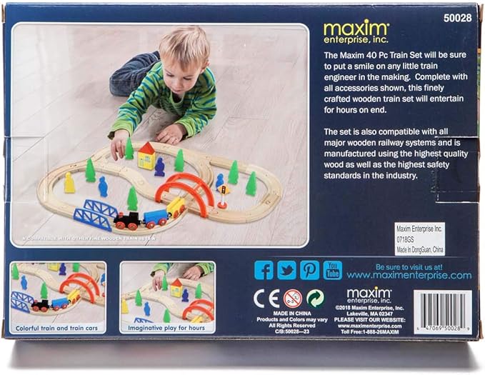 inc. 40 Pc Wooden Train Set, Complete Toy Railway with Straight and Curved Tracks 3+