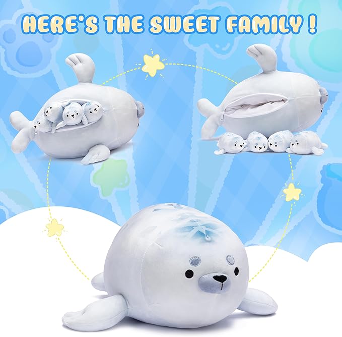 IKASA Mommy Seal Stuffed Animal Mom and Baby Plush Toy, Cute 16" Soft Small Mama Family Set Cuddly Toy with Little Mini Babies