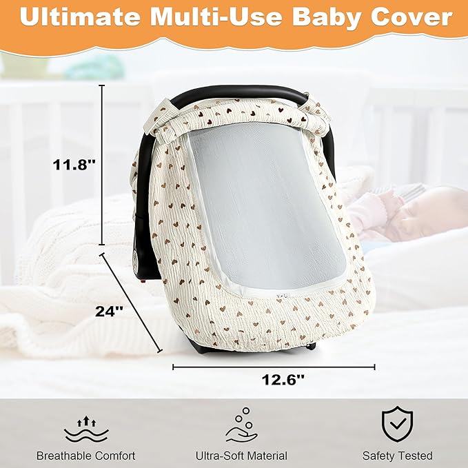 Muslin Cotton Car Seat Cover Baby, Universal Fit Carseat Cover for Baby, Infant Car Seat Cover with Mesh Peep Window, Baby Car Seat Cover for Carrier, Stroller, High Chair, Shopping Cart (Heart)